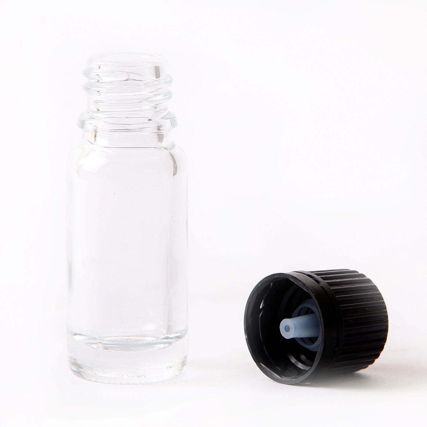 10ml Clear Glass Boston Round Bottle (With Black Tamper Evident Cap & Dropper)
